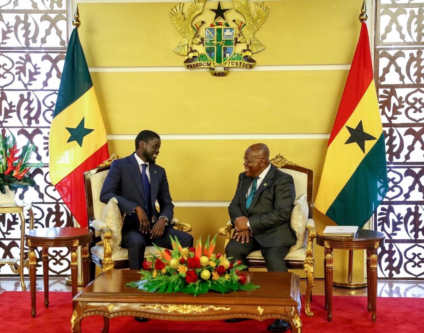 Senegal-President-Bassirou-Diomaye-Faye-discussing-with-Nana-Akufo-Addo-President-of-Ghana