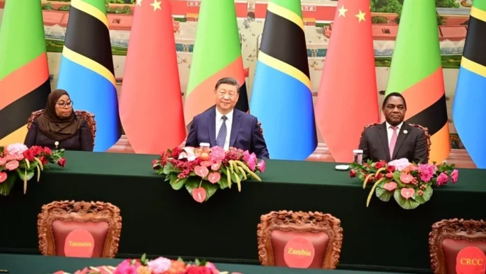 Tanzania's President Samia Suluhu Hassan, Chinese President Xi Jinping and Zambia President Hakainde Hichilema at the signing of a memorandum of understanding