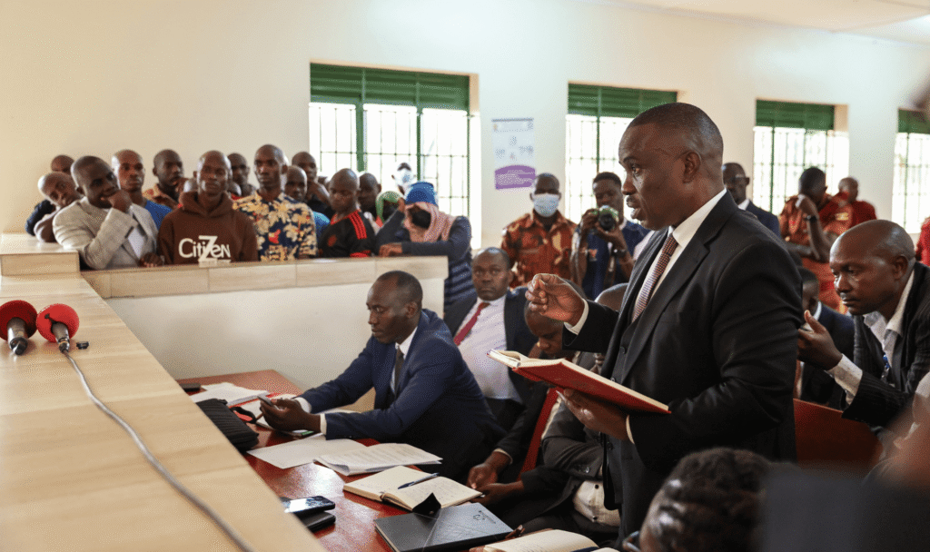 Kampala Lord Mayor Erias Lukwago and members of the defence team appear before the Butambala Chief Magistrate’s Court during proceedings in the terrorism case involving Muwanga Kivumbi 