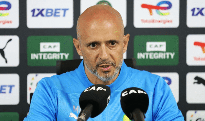 Mamelodi Sundowns head coach Miguel Cardoso speaking at a CAF press conference ahead of a Champions League match