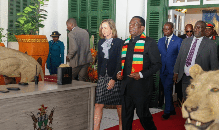 US Ambassador Pamela Tremont walking alongside President Emmerson Mnangagwa during official talks in Zimbabwe