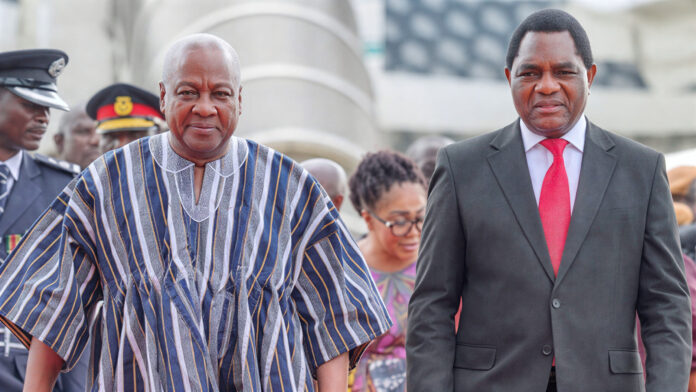 Ghana President John Dramani Mahama meets Zambian President Hakainde Hichilema in Lusaka during a state visit. Ghana President John Dramani Mahama meets Zambian President Hakainde Hichilema in Lusaka during a state visit.