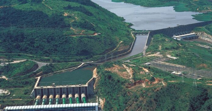 Aerial view of the Inga hydroelectric dam complex in the Democratic Republic of Congo, showing power generation infrastructure and river system linked to the Inga 3 hydroelectric project.