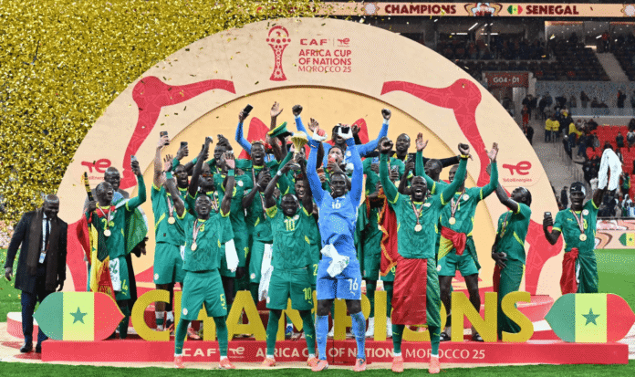 Senegal players celebrate winning AFCON 2025 in Rabat before CAF overturned the result and stripped Senegal of the title
