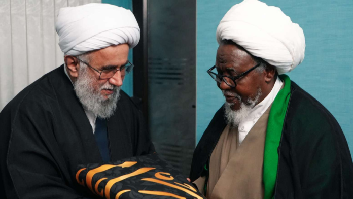 Ayatollah Sheikh Ali Reza A’arafi and Sheikh Ibraheem Zakzaky pictured together during a meeting in Tehran in December 2023.