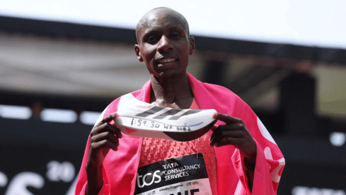 Kenyan marathoner Sabastian Sawe celebrates after breaking the two-hour barrier at the London Marathon.
