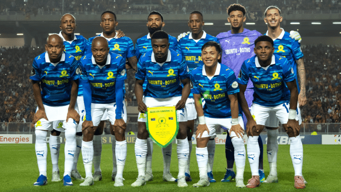 Mamelodi Sundowns starting lineup pose for a team photo on the pitch before a CAF Champions League match