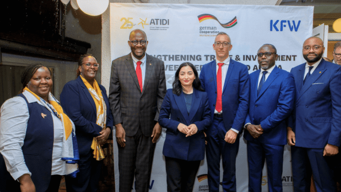 Officials mark the signing of the subscription agreement between ATIDI and KfW in Nairobi, attended by ATIDI CEO Manuel Moses and German Federal Minister Reem Alabali Radovan.