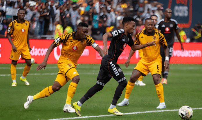 Orlando Pirates and Kaizer Chiefs players contest the Soweto Derby at FNB Stadium