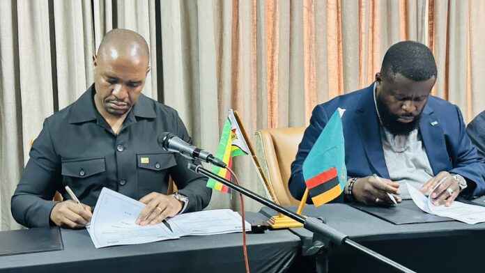 Zimbabwe Zambia Lion’s Den Kafue railway agreement signed by Felix Mhona and Frank Tayali as the two ministers formalise the cross-border rail project Zimbabwe Zambia Lion’s Den Kafue railway agreement signed by Felix Mhona and Frank Tayali as the two ministers formalise the cross-border rail project