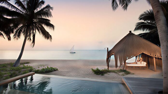 A traditional dhow slips past Benguerra Island, a luxury beach holiday destination in Mozambique’s Bazaruto Archipelago. (Image courtesy of &Beyond)