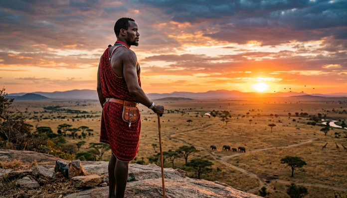 An African man in traditional attire stands on a rocky viewpoint at sunset, overlooking the vast savannah, symbolising Africa’s pride, identity, ancestral wisdom and untapped power.