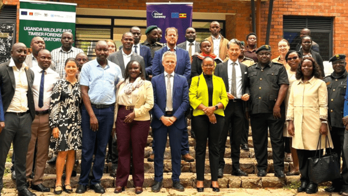 H.E. Jan Sadek, European Union Ambassador to Uganda, joins officials at the launch of the wildlife and timber forensics facility at UWEC in Entebbe