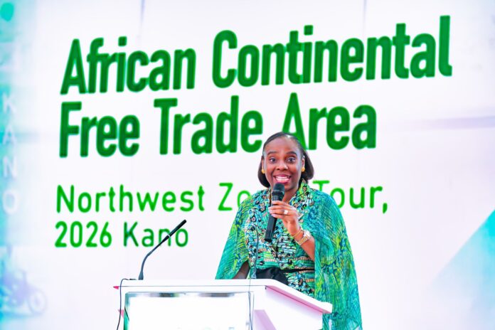 Patience Okala, National Coordinator of the Nigeria AfCFTA Coordination Office and Special Adviser to the Minister of Industry, Trade and Investment, speaks at the AfCFTA Kano engagement event - Image Credit: Patience Okala, LinkedIn