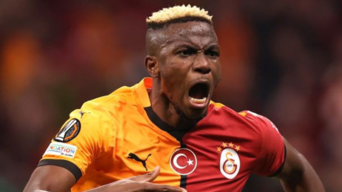 Victor Osimhen celebrating after scoring a goal for Galatasaray during a Turkish Super Lig match.