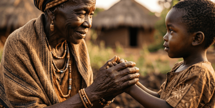 A powerful expression of Ubuntu as an African elder passes wisdom, identity and hope to the next generation, reflecting the enduring strength of African heritage and community.