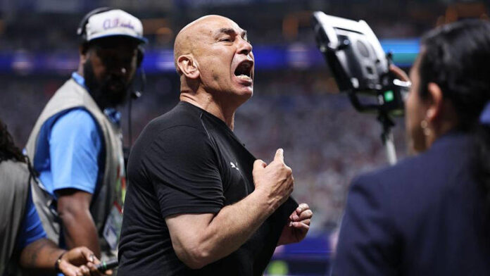 Egypt coach Hossam Hassan reacts during Egypt's FIFA World Cup last-16 match against Argentina in Atlanta.