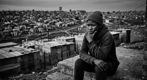 Young man overlooking an informal settlement, reflecting on poverty, inequality, and life in a South African township.