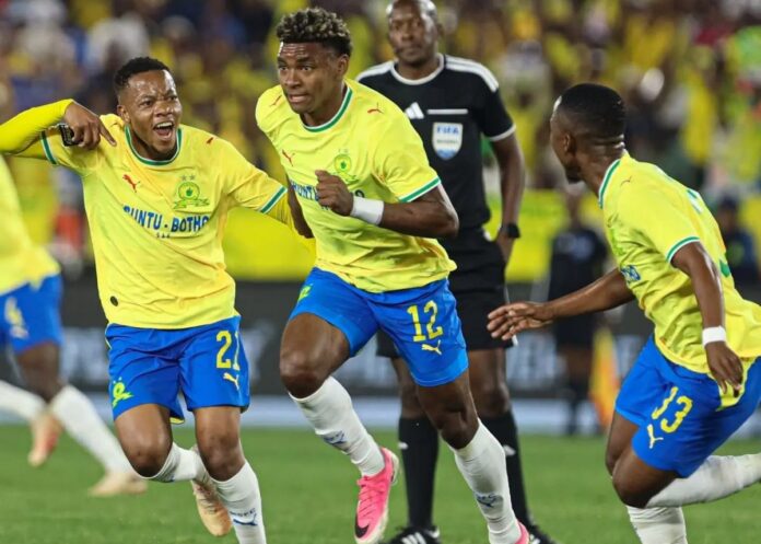 Mamelodi Sundowns striker Brayan Leon celebrates with teammates during a match as the South African champions prepare to face Golden Arrows in the MTN8 semi-final.