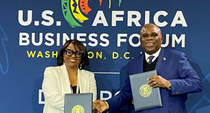 Reta Jo Lewis, Esq., President and Chair of U.S. EXIM (left) and Prof. Benedict Oramah, President and Chair of Afreximbank after signing the MoU on 14 December 2022 in Washington, DC.