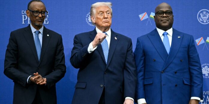 US President Donald Trump poses with Rwanda’s Paul Kagame and Congo’s Felix Tshisekedi at the Washington signing of a US-brokered peace agreement aimed at stabilising eastern Congo. Photo: Andrew Caballero-Reynolds/AFP/Getty Images US President Donald Trump poses with US President Donald Trump poses with Rwanda’s Paul Kagame and Congo’s Felix Tshisekedi at the Washington signing of a US-brokered peace agreement aimed at stabilising eastern Congo. Photo: Andrew Caballero-Reynolds/AFP/Getty Images