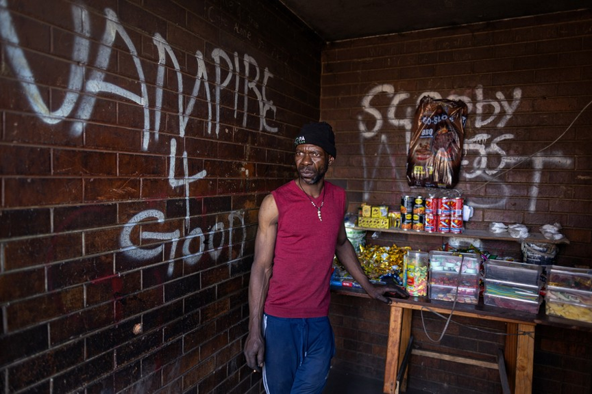 Naboth Madoro is one of several hundred people who live in Wembley Stadium, a space demarcated by the City of Johannesburg as temporary housing for people who were evicted or lost their homes in fires. Photos: James Oatway