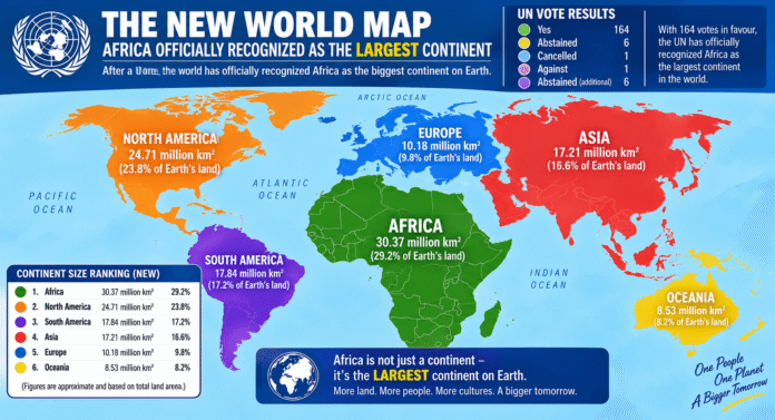 Colour-coded world map infographic comparing continent sizes, highlighting Africa at 30.37 million km² alongside a claimed UN vote recognising Africa as the world’s largest continent.