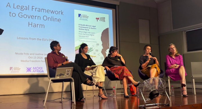 Panel frameworks to regulate digital platforms in South Africa at the Media Freedom Festival hosted by Moxii Africa. Moderator Dinesh Balliah - Speakers Justine Limpitlaw, Nicole Fritz, Kayan Leung and Tina Power