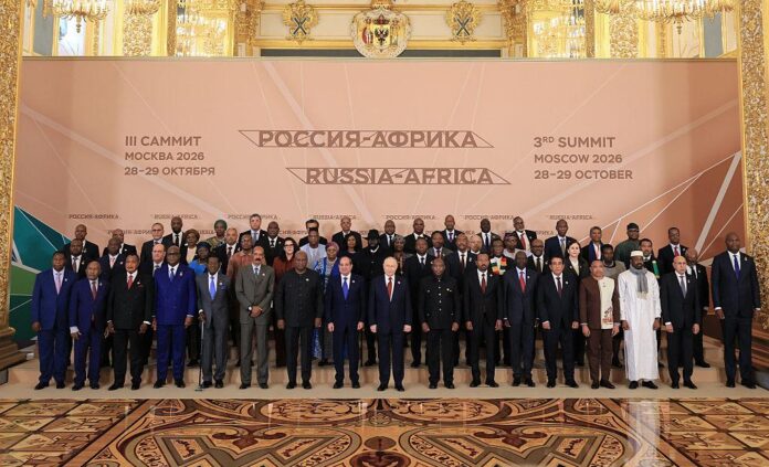Russian President Vladimir Putin with African leaders at the Russia–Africa Summit 2026 in Moscow on 29 October: Photograph Credit -Grigory Sysoev / Third Russia-Africa Summit and Economic and Humanitarian forum Photo host agency.